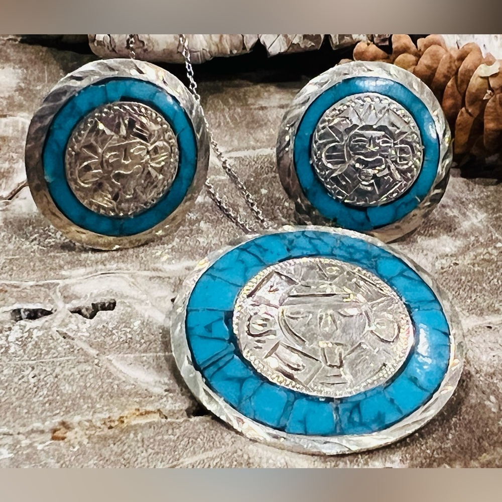 Guadalajara Sterling Eagle4 Mexico Aztec Maya Sun Pendant Earrings Set Turquoise